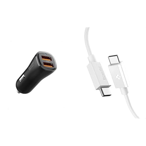 Spigen 30W USB-A 2 Port Araç içi Hızlı Şarj Aleti Type-C - ACP08700 & Spigen USB-C to USB-C 2 Metre Kablo 60W Güç Type-C White - ACA08719
