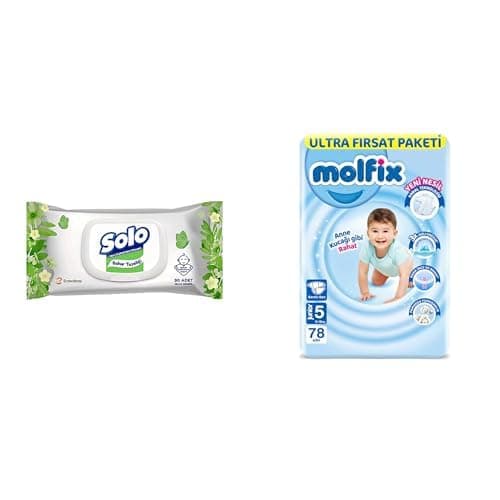 Solo Islak Havlu Kapaklı 90 Yaprak x1 + Molfix 3D Junior 5 Beden Aylık Paket 78 Adet, Beyaz x1