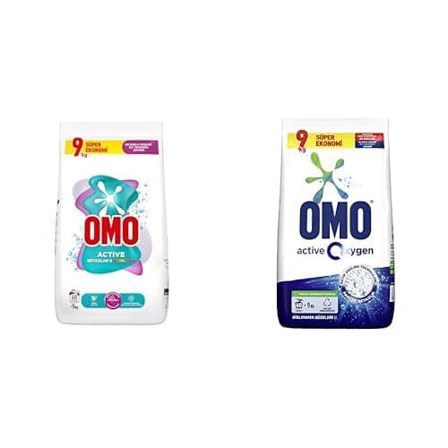 Omo Active Beyazlar ve Renkliler için Toz Çamaşır Deterjanı, 9 kg, 60 Yıkama, 1 Paket (1 x 9000 g) ve Omo Active Oxygen Toz Çamaşır Deterjanı Beyazlar İçin 9 Kg