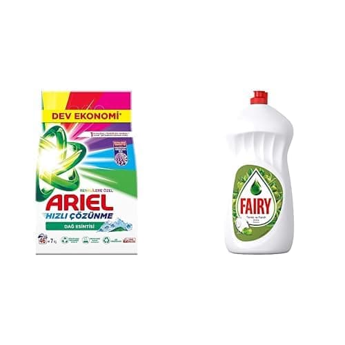 Ariel Aqua Pudra Dağ Esintisi Toz Çamaşır Deterjanı Renklilere Özel 7 kg & Fairy Sıvı Bulaşık Deterjanı Elma Kokulu, 1500 ml