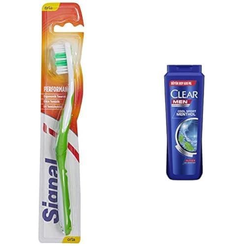 Signal Performans Diş Fırçası, 14,5 Gr ve Clear Men Erkek Şampuan Cool Sport Menthol Kepeğe Karşı Etkili 600 ml