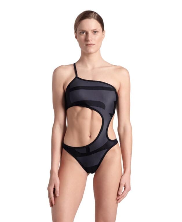 Women's Arena Logo One Piece Single Shoulder Mayo, Asphalt Multi-Black-Black, S