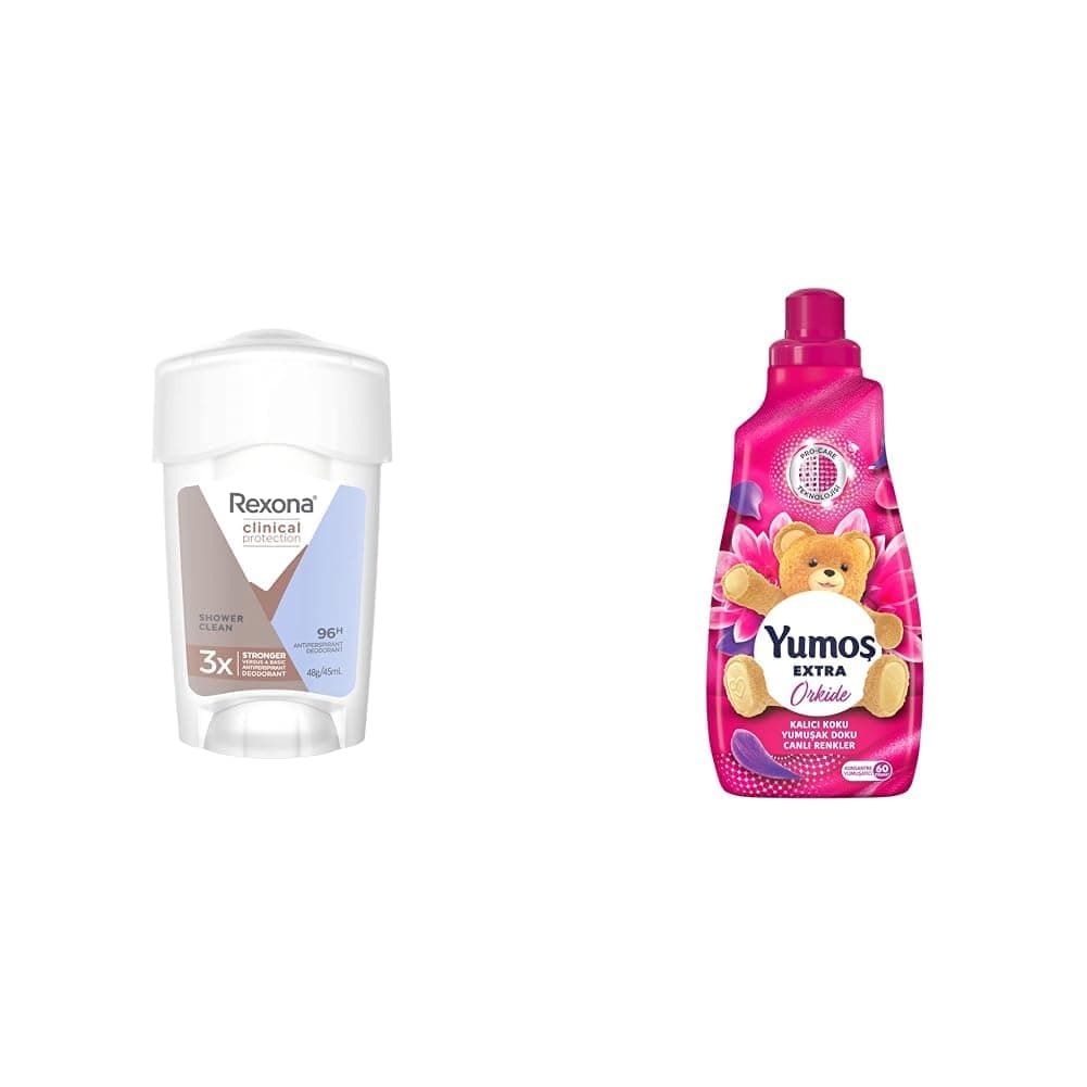 Rexona Clinical Protection Kadın Stick Deodorant Shower Clean 45 ml(1) Yumoş Extra Orkide 60 Yıkama Konsantre Çamaşır Yumuşatıcısı (1 x 1440 ml)(2)