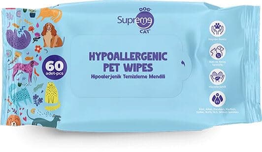Supreme Dog Hipoalerjenik Temizleme Mendili Kedi ve Köpek için Pati, Tüy ve Genel Temizlik Mendili 60 Adet