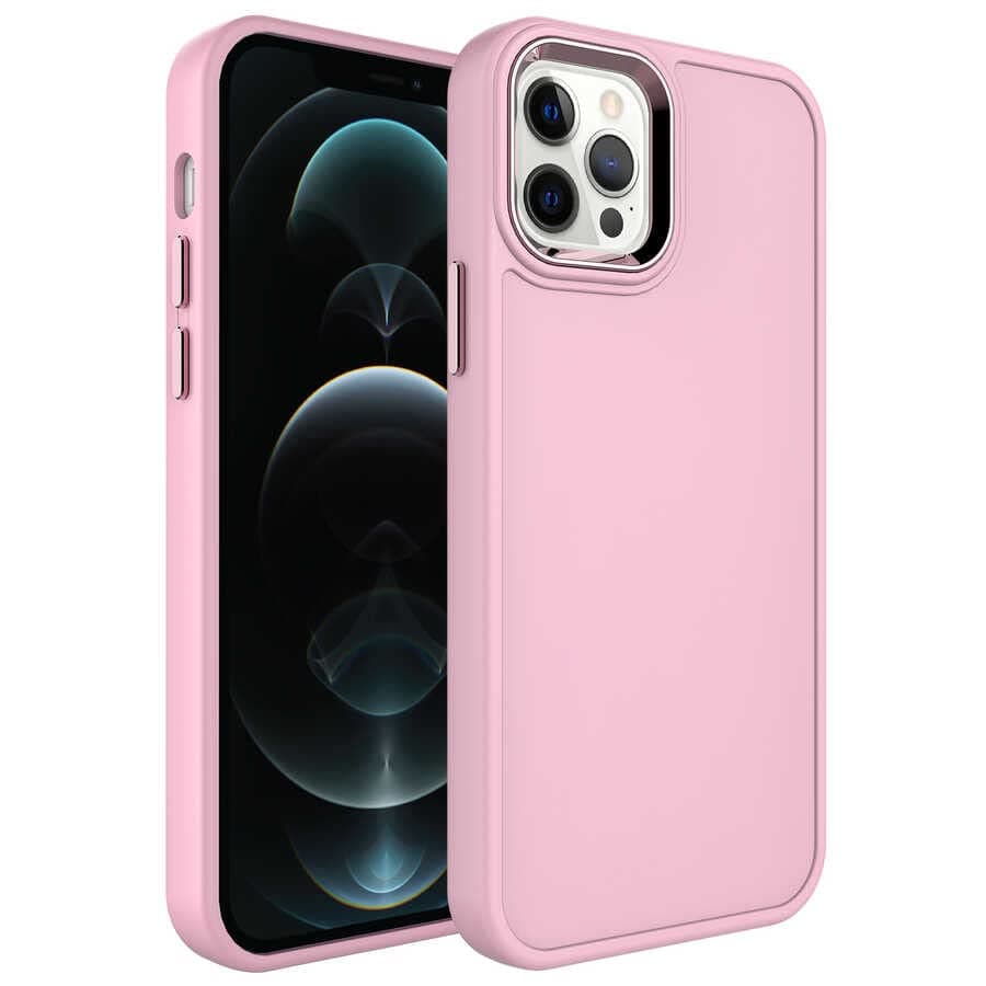 Zore Apple için uyumlu iPhone 14 Pro Max Kılıf Metal Çerçeve ve Buton Tasarımlı Sert Zore Botox Kapak Pembe Açık