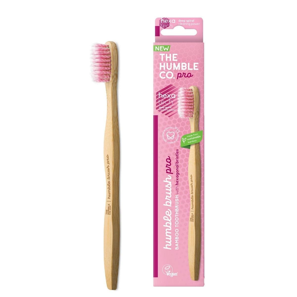 The Humble Co. Humble Brush Pro Hexagonal Bambu Yetişkin Yumuşak Diş Fırçası (Pembe) 0.01mm ince fırça kılları, Altıgen ultra yumuşak kıl yapısı, Bambu sap, Vegan