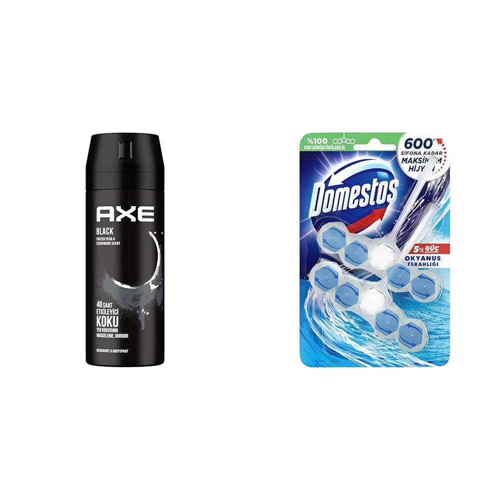 Axe Erkek Deodorant & Bodyspray Black 48 Saat Etkileyici Koku (150 ml)(1) Domestos Okyanus Ferahlığı 5'li Güç Duopack Tuvalet Bloğu (1 x 2 Adet)(3)