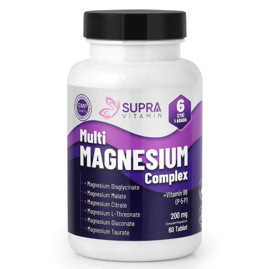 Multi Magnezyum Complex 60 Tablet- Klinik Onaylı Patentli Magnezyum Albion TRAACS® & Magnesia®, Bisglisinat + Sitrat + Malat + L-Threonat + Glukonat & Taurat + Vitamin B6 (P5P)