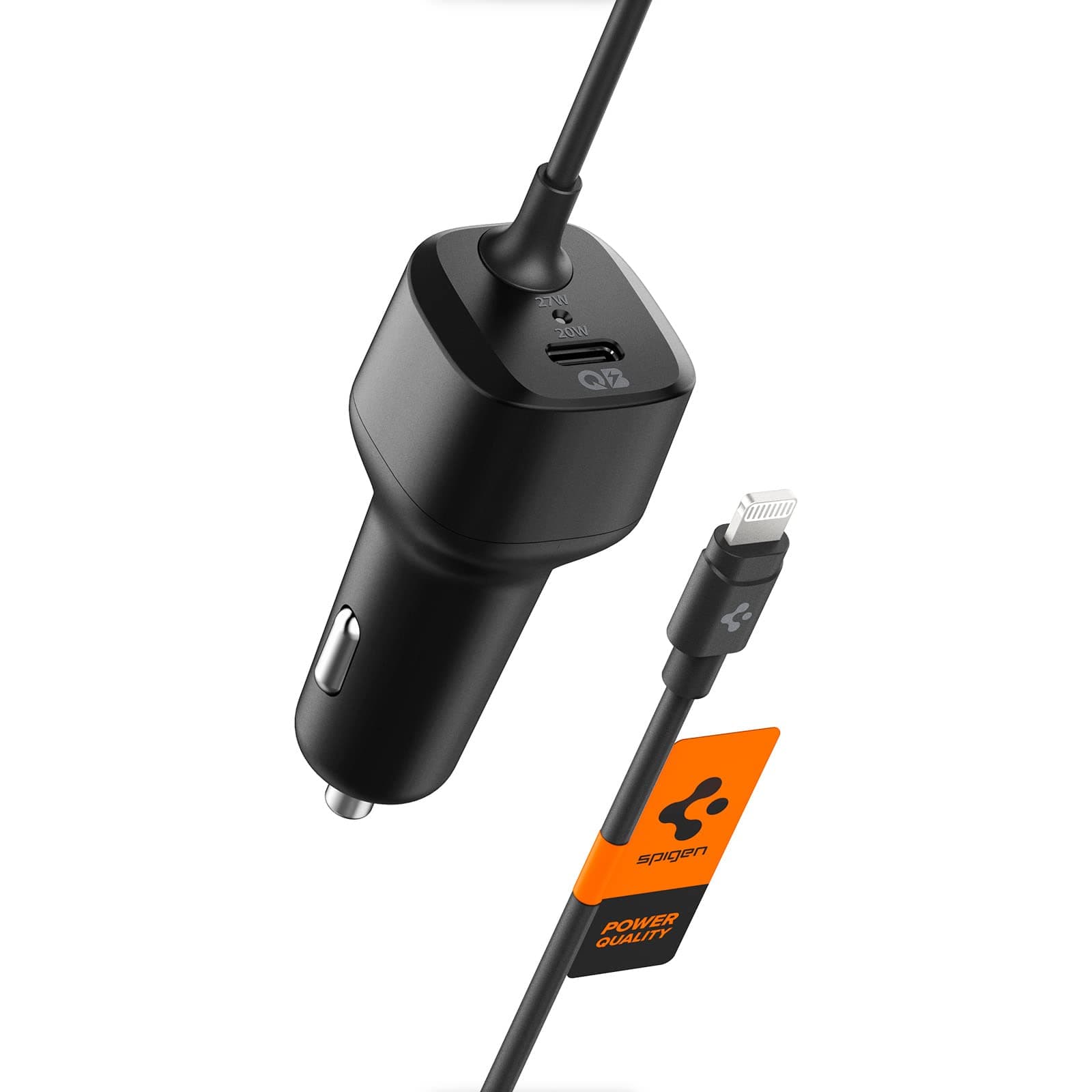 Spigen 47W USB-C 2 Port Araç içi Hızlı Şarj Aleti + Lightning Şarj Kablosu Güç Adaptörü Çakmaklık iPhone & iPad Type-C - ACP04205