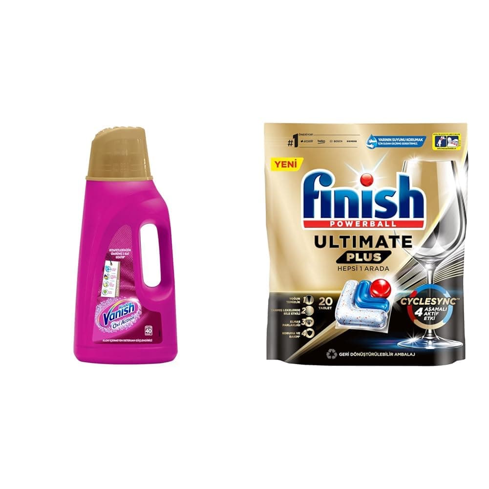 Vanish Kosla Multipower Renkliler için Leke Çıkarıcı ve Deterjan Güçlendirici Sıvı (1 x 2000 ml) ve Finish Ultimate Plus 20 Kapsül Bulaşık Makinesi Tableti