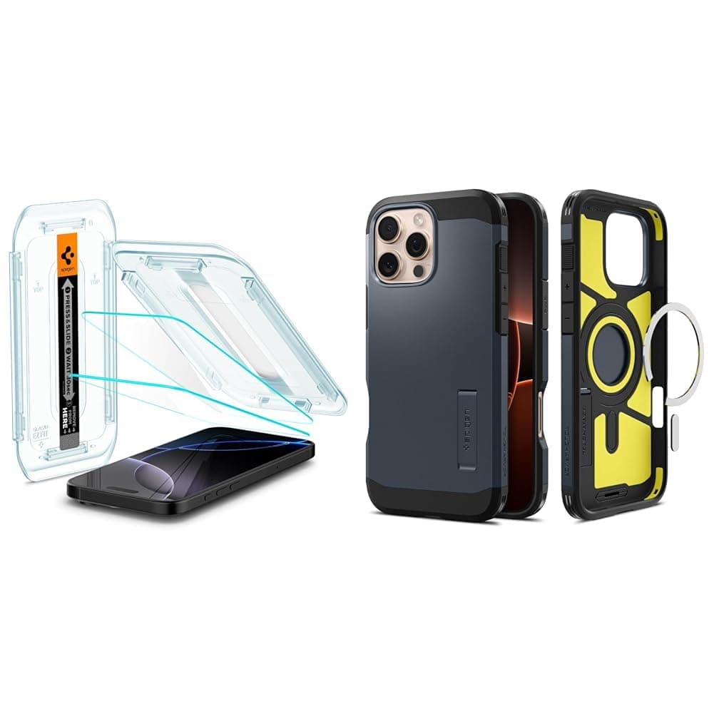 Spigen iPhone 16 Pro Cam Ekran Koruyucu Kolay Kurulum Glas.tR EZ Fit Slim HD (2 Adet) - AGL07928 & iPhone 16 Pro Kılıf Tough Armor AI MagFit MagSafe özellikli Metal Slate - ACS08147