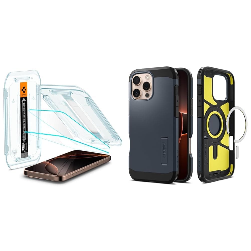 Spigen iPhone 16 Pro Max Cam Ekran Koruyucu Kolay Kurulum Glas.tR EZ Fit Slim HD (2 Adet) - AGL07907 & iPhone 16 Pro Max Kılıf Tough Armor AI MagFit MagSafe özellikli Metal Slate - ACS08014