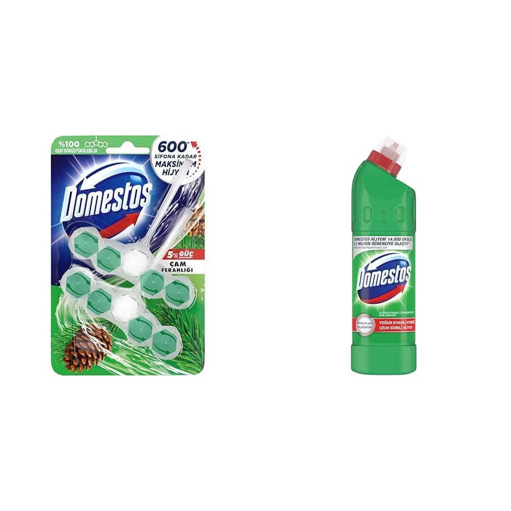 Domestos WC Blok 5'li Güç Çam Ferahlığı 600 Sifona Kadar Güçlü Temizlik 110 gr İkili Paket(1) Domestos Yoğun Kıvamlı Çamaşır Suyu Maksimum Hijyen Dağ Esintisi, 750 ml(4)