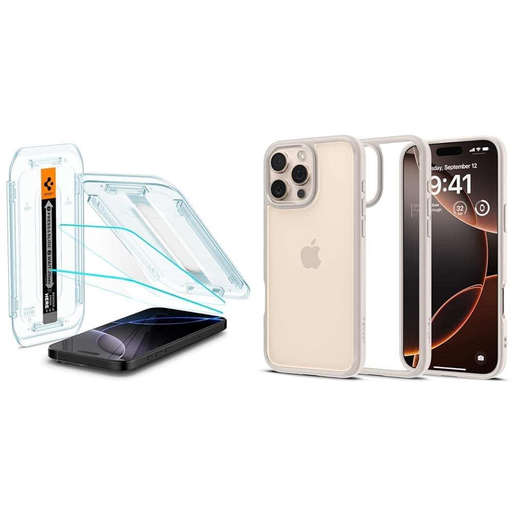 Spigen iPhone 16 Pro Cam Ekran Koruyucu Kolay Kurulum Glas.tR EZ Fit Slim HD (2 Adet) - AGL07928 & iPhone 16 Pro Kılıf Ultra Hybrid Natural Titanium - ACS08127