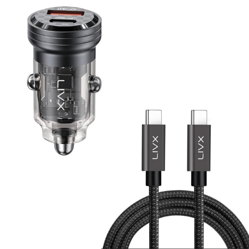 LivX Transparent 45W PD/QC Mini Araç şarj Cihazı ve 1 metre Hızlı Şarj Ve Data Kablosu L35 - TCT-01