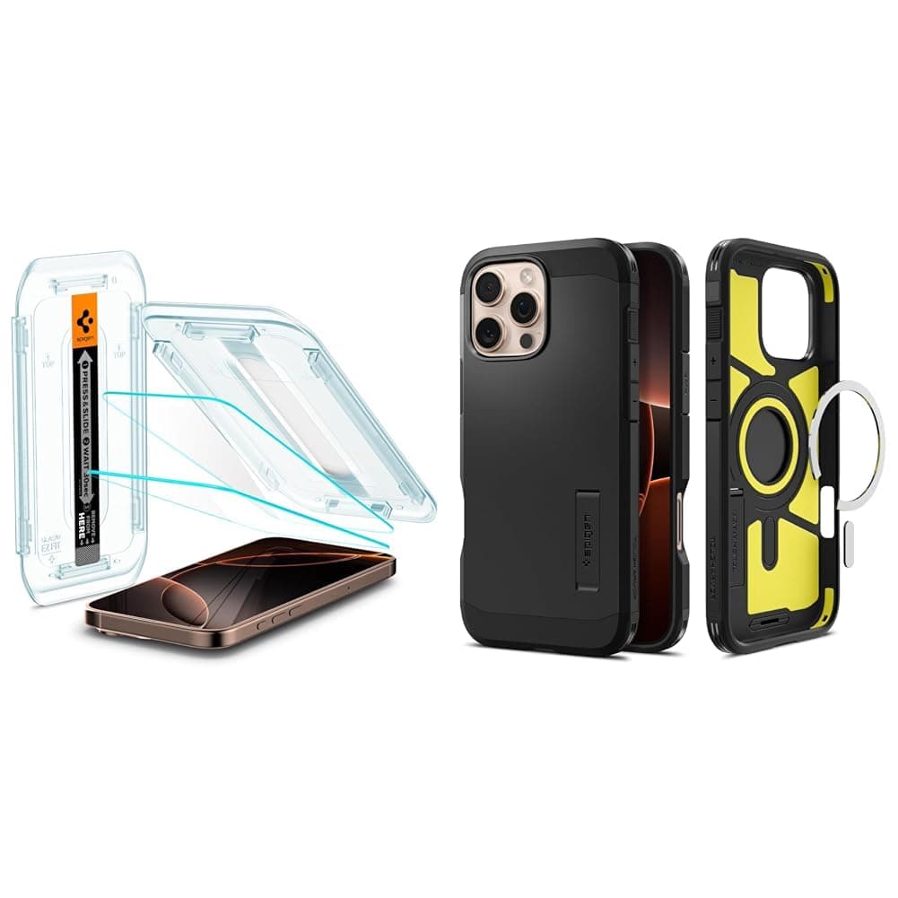 Spigen iPhone 16 Pro Max Cam Ekran Koruyucu Kolay Kurulum Glas.tR EZ Fit Slim HD (2 Adet) - AGL07907 & iPhone 16 Pro Max Kılıf Tough Armor AI MagFit MagSafe özellikli Black - ACS08013
