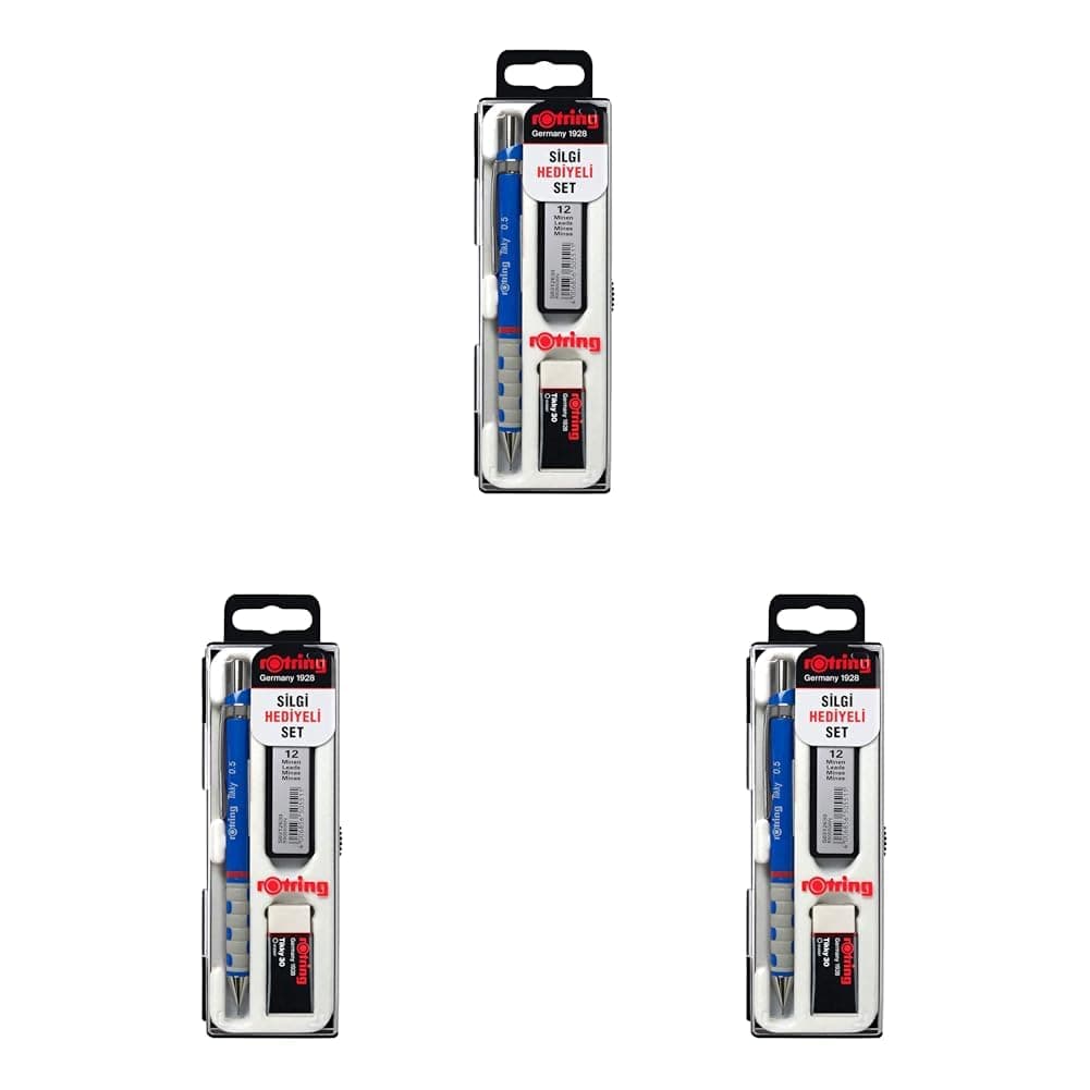 rOtring Tikky Mekanik Kurşun Kalem, Uç ve Silgi Seti, 0,5 mm Kalem, 2B Uç, Orta Boy Silgi, Mavi, 3'lü Set 3lü paket
