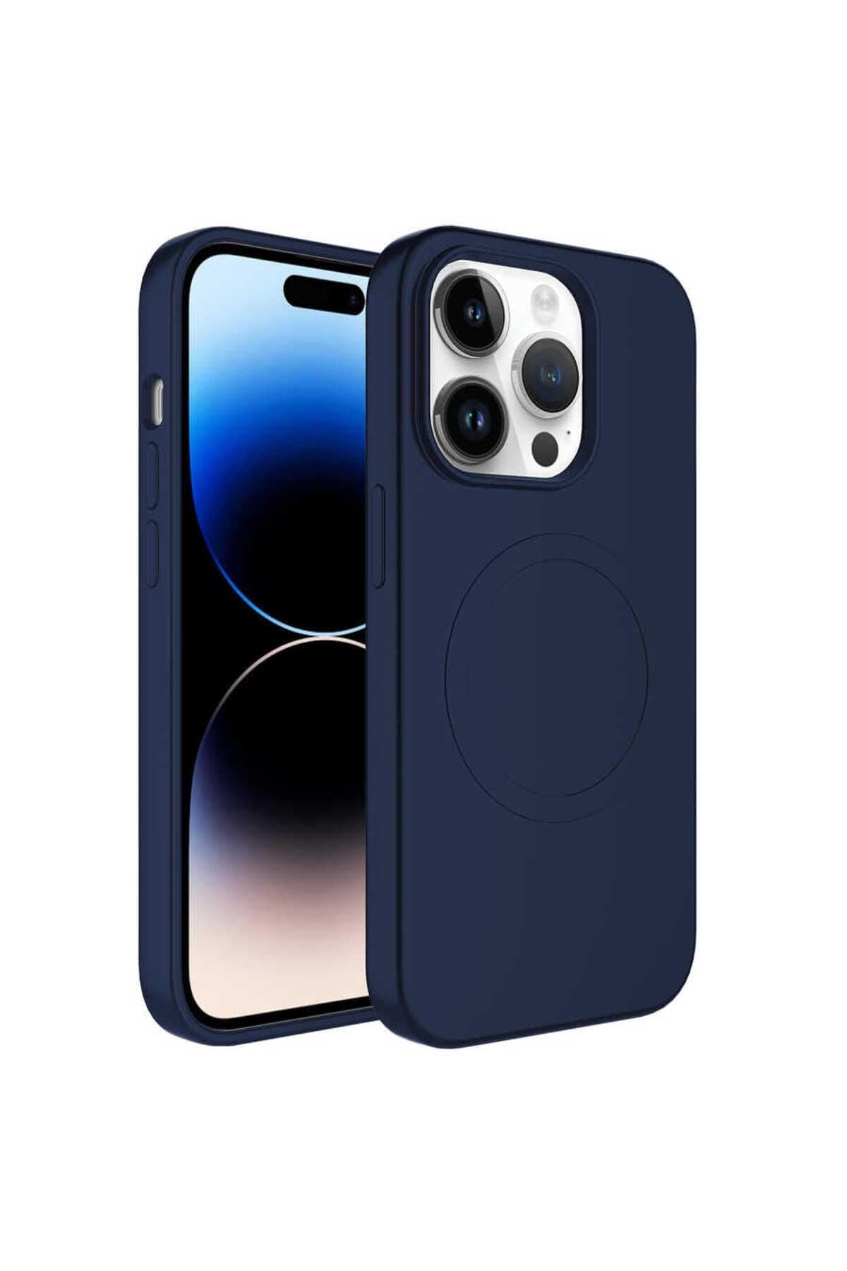 Zore Apple için uyumlu iPhone 14 Pro Max Kılıf M-safe Wireless Şarj Özellikli Pastel Renk Silikon Zore Plas Kapak Lacivert
