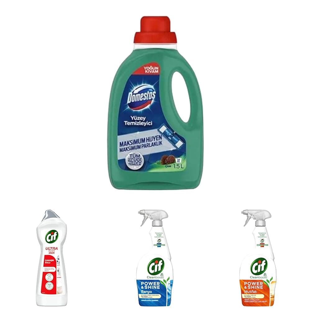 Domestos Yüzey Temizleyici 1500 mlx 1 + Cif Krem 675 mlx1 + Cif Power Shine 750 ml Mutfakx1+Banyox1, 1500 ML +675 ML+750 ML+750 ML, Yoğun+Çamaşır+Banyo+Mutfak