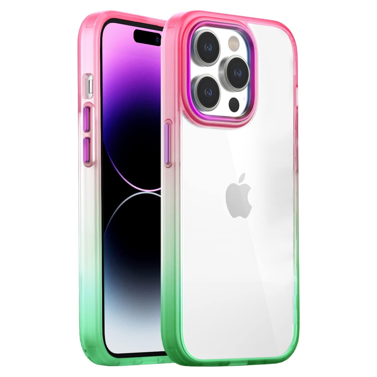 BUFF LABS iPhone 14 Pro Max Air Bumper Rainbow Kılıf Darbe Önleyici Arkası Şeffaf Gökkuşağı Kapak (Pembe Yeşil)