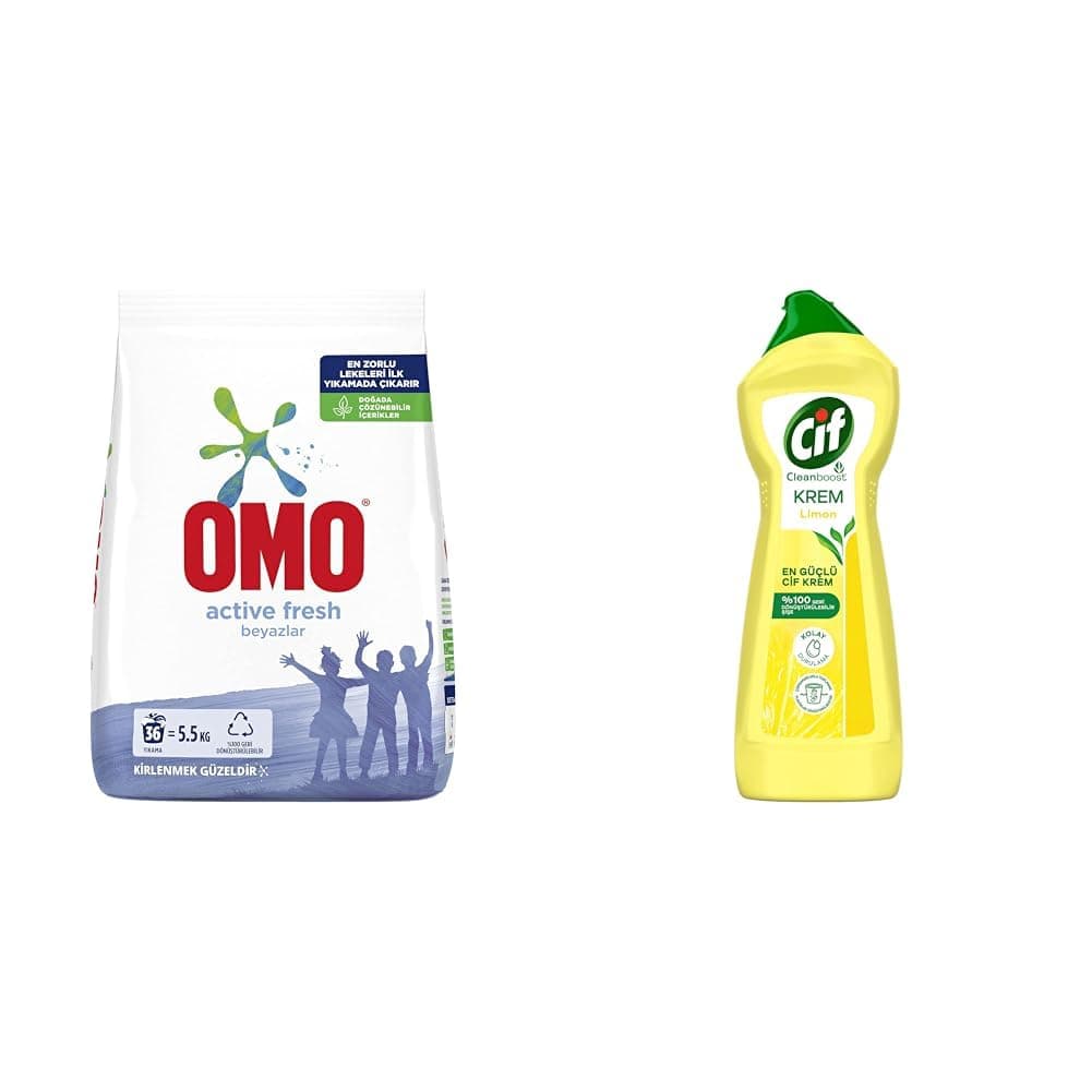 Omo Active Fresh 5,5 kg(1) Cif Krem Yüzey Temizleyici Limon Kokulu Yağ ve Kireç Sökücü Leke Çıkarıcı 750 ML(2)