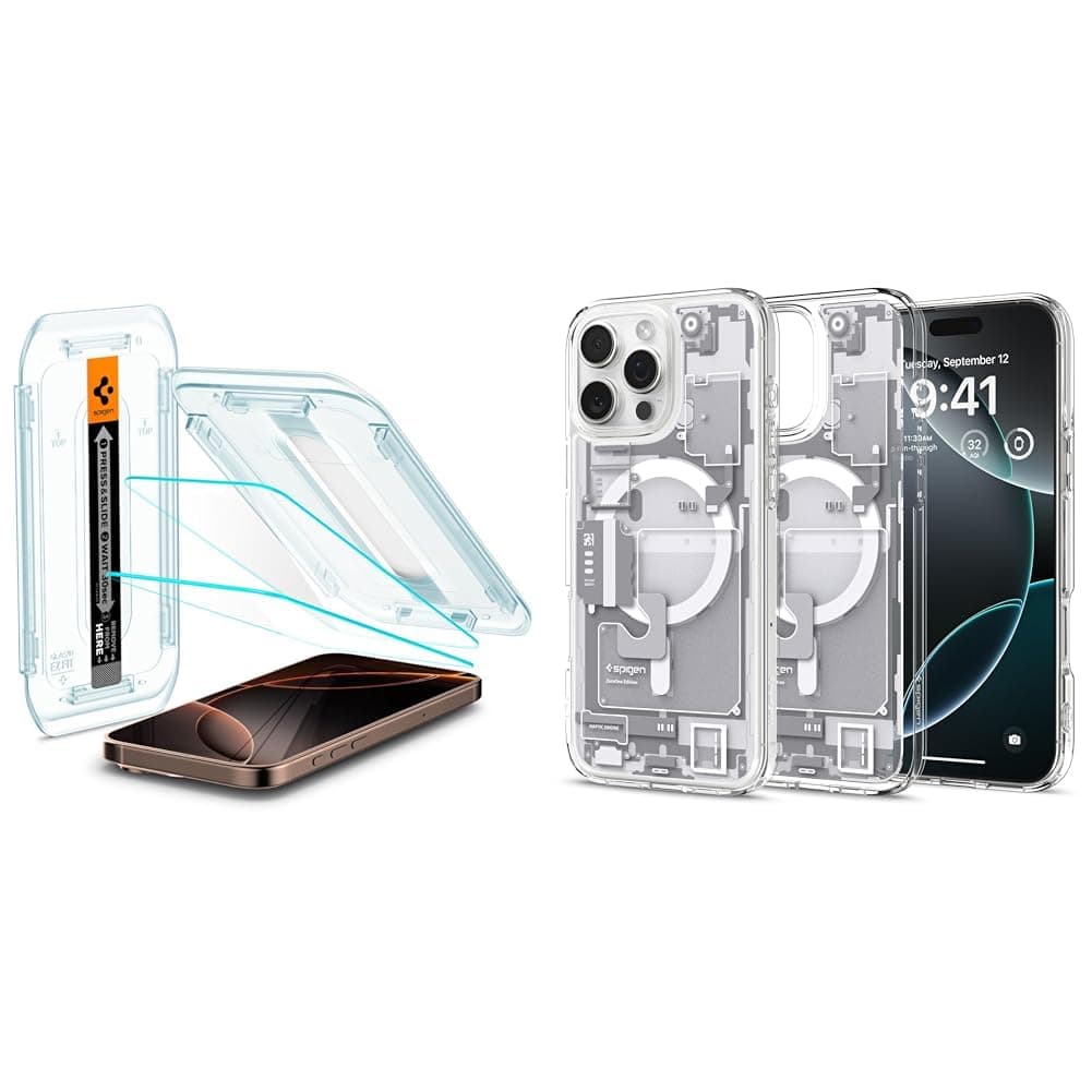 Spigen iPhone 16 Pro Max Cam Ekran Koruyucu Kolay Kurulum Glas.tR EZ Fit Slim HD (2 Adet) - AGL07907 & iPhone 16 Pro Max Kılıf Ultra Hybrid MagFit MagSafe özellikli Zero One White - ACS08005