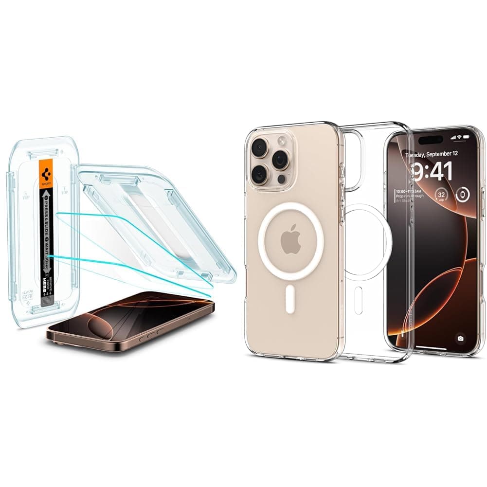 Spigen iPhone 16 Pro Max Cam Ekran Koruyucu Kolay Kurulum Glas.tR EZ Fit Slim HD (2 Adet) - AGL07907 & iPhone 16 Pro Max Kılıf Liquid Crystal MagFit MagSafe özellikli Crystal Clear - ACS08387