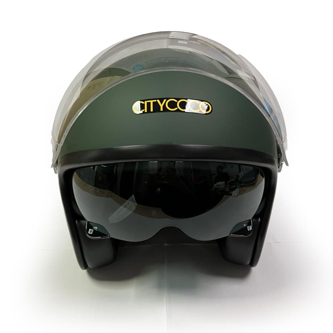 Citycoco Motosiklet Yarım Kask , Mat Yeşil, Çift Vizörlü, Vintage Stil, Terletme Yapmaz Pedler -L Beden