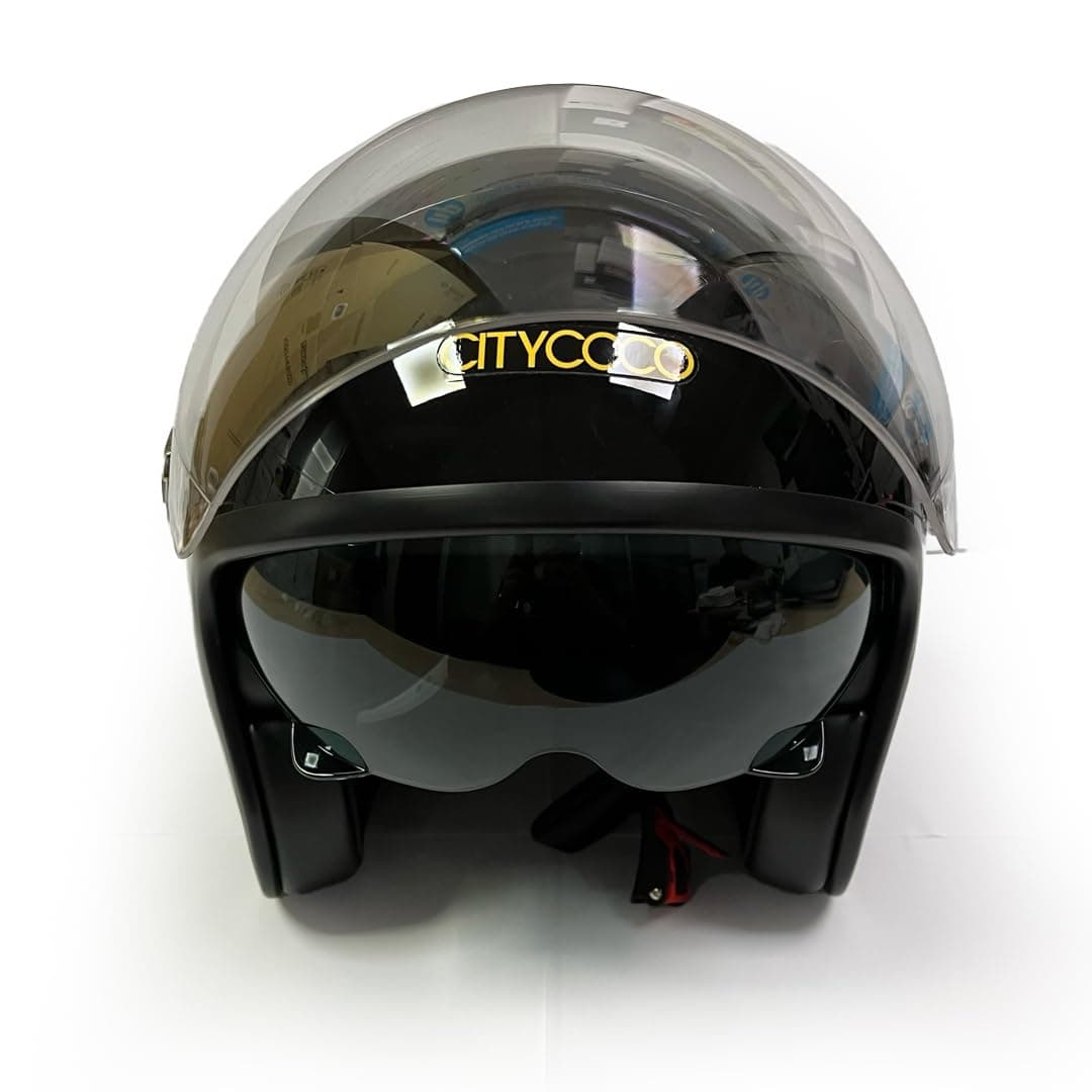 Citycoco Motosiklet Yarım Kask , Parlak Siyah, Çift Vizörlü, Vintage Stil, Terletme Yapmaz Pedler -S Beden