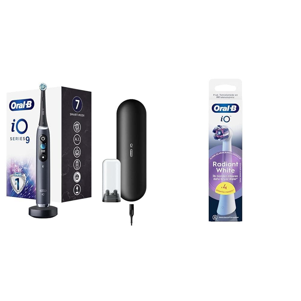 Oral-B iO - 9 Siyah Şarjlı/Elektrikli Diş Fırçası + Oral-B iO Radiant White Beyaz Diş Fırçası Yedek Başlığı 4 Adet