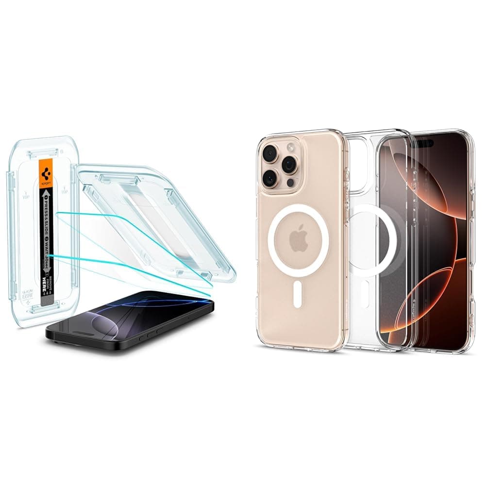 Spigen iPhone 16 Pro Cam Ekran Koruyucu Kolay Kurulum Glas.tR EZ Fit Slim HD (2 Adet) - AGL07928 & iPhone 16 Pro Kılıf Ultra Hybrid MagFit MagSafe özellikli Frost Clear - ACS08133