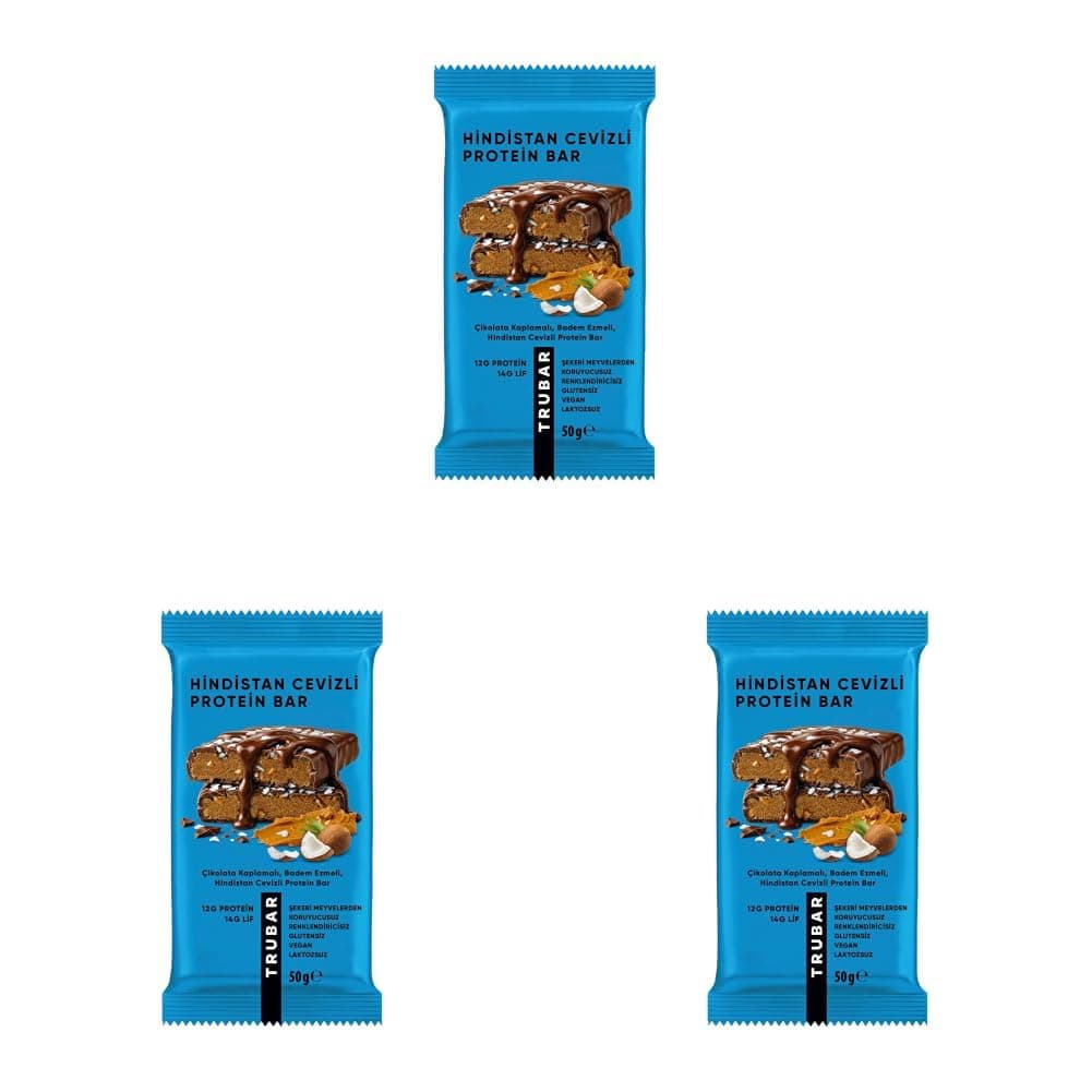 Trubar Çikolata Kaplamalı, Badem Ezmeli, Hindistan Cevizli Protein Bar 50 g (3 paketi)