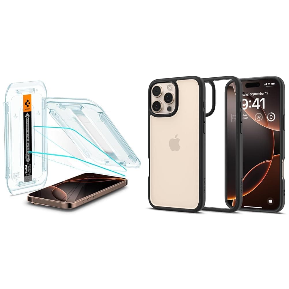 Spigen iPhone 16 Pro Max Cam Ekran Koruyucu Kolay Kurulum Glas.tR EZ Fit Slim HD (2 Adet) - AGL07907 & iPhone 16 Pro Max Kılıf Ultra Hybrid Matte Black - ACS07996