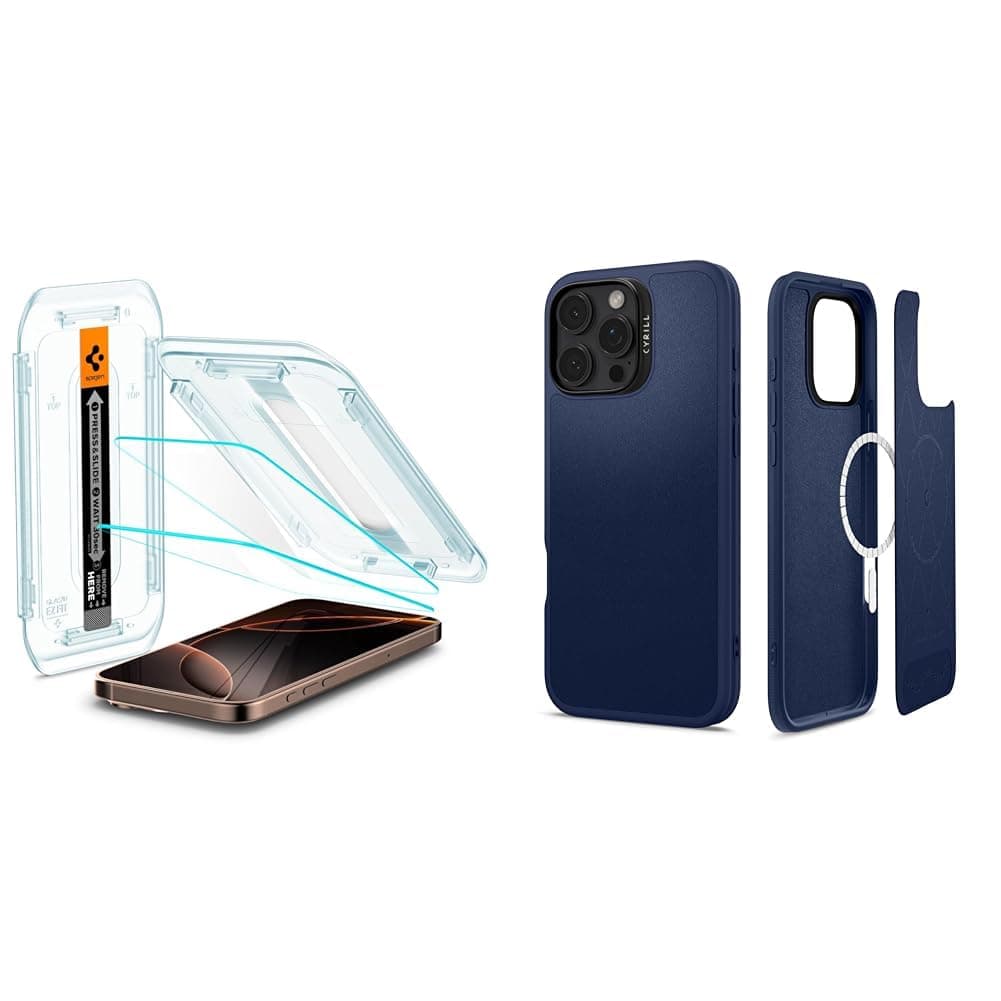 Spigen iPhone 16 Pro Max Cam Ekran Koruyucu Kolay Kurulum Glas.tR EZ Fit Slim HD (2 Adet) - AGL07907 & Ciel by Cyrill iPhone 16 Pro Max Kılıf Kajuk Mag MagSafe özellikli Navy - ACS08399