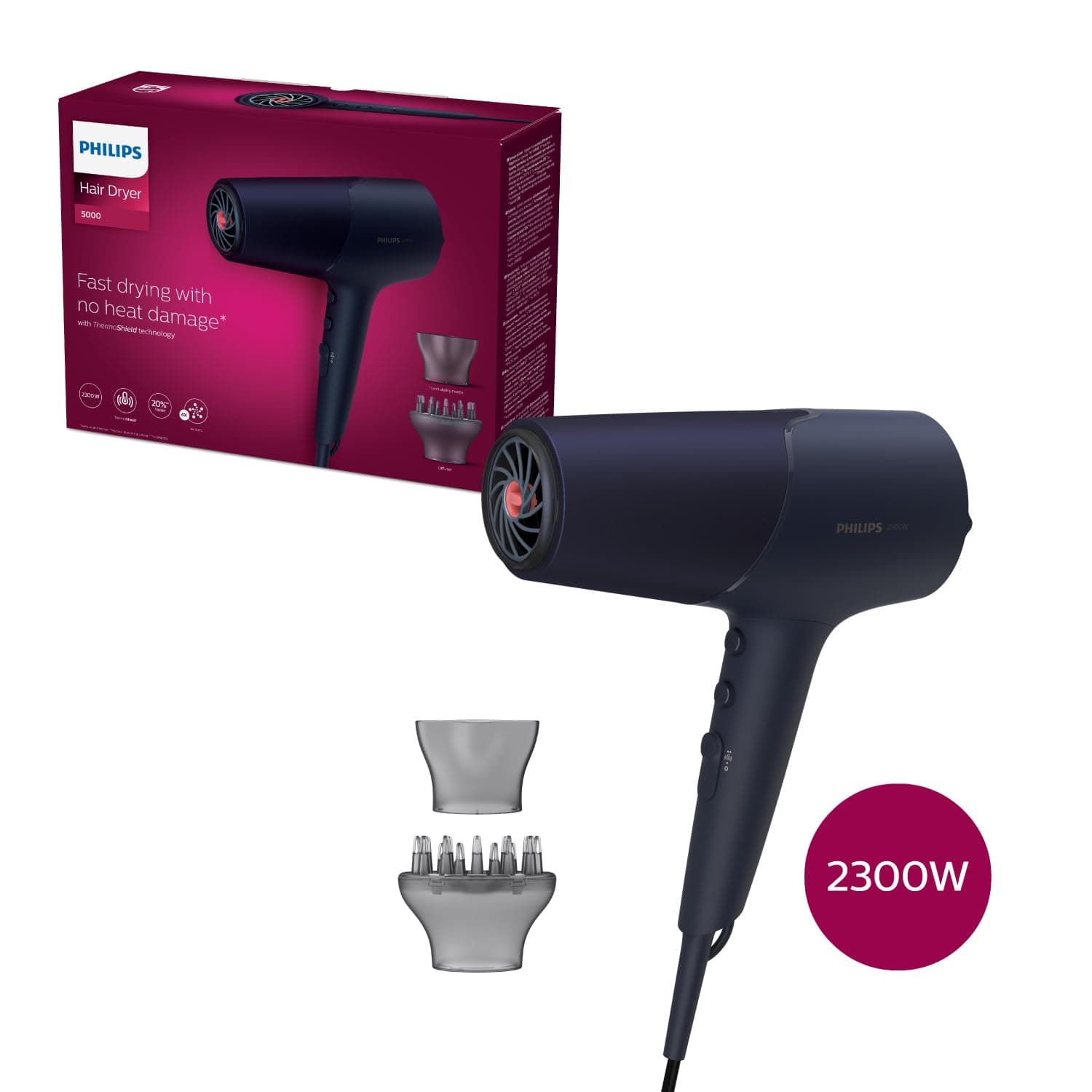 Philips Saç Kurutma Makinesi, ThermoShield Isı Koruması, 4 Kat İyonik Bakım, 110 km/s Hava Akışı,%20 Daha Hızlı Kurutma, 3 Isı ve 2 Hız Ayarı, Soğuk Hava Üfleme, 2300W Güçlü Performans, BHD510/10