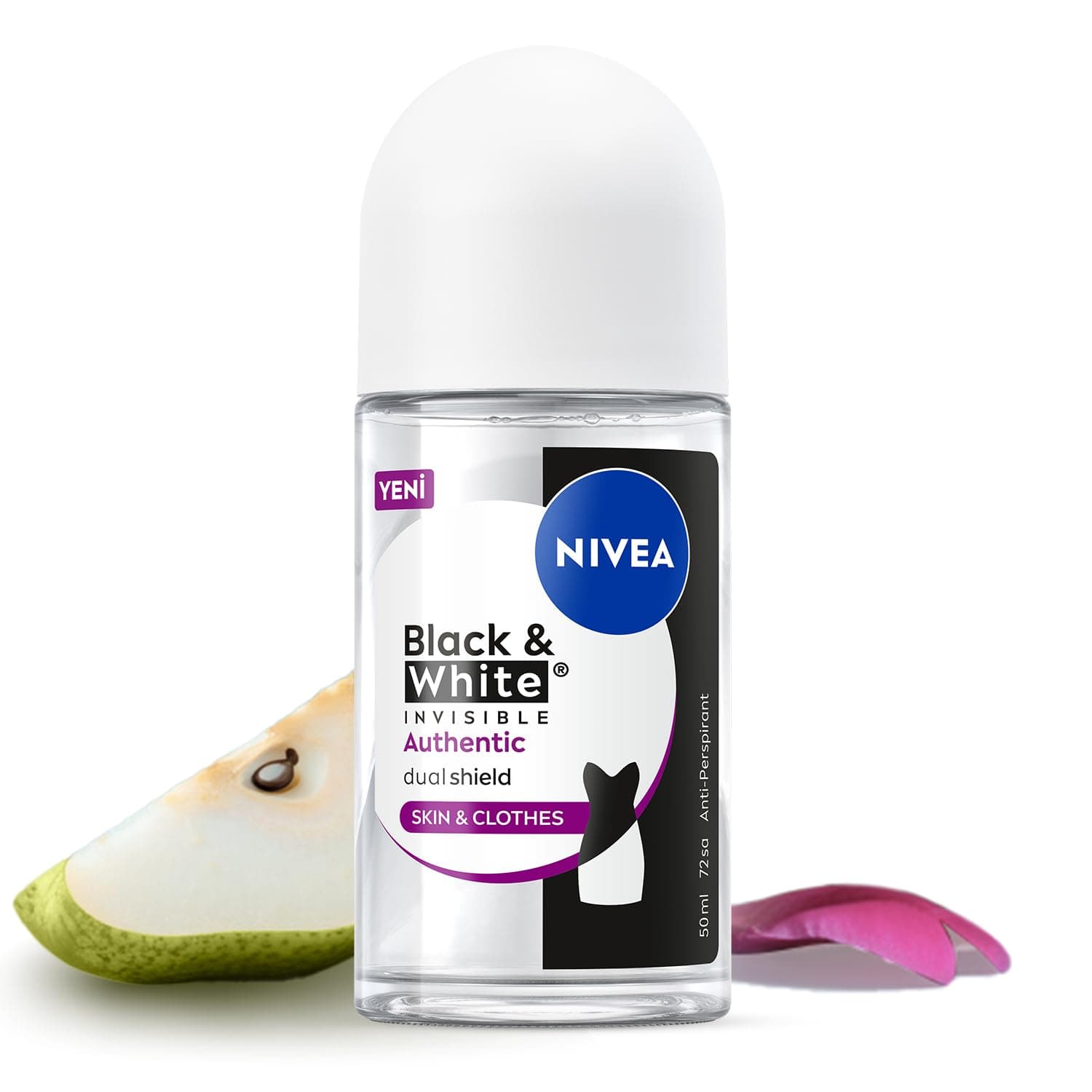 NIVEA Kadın Roll-on Deodorant Black&White Invisible Authentic 50 ml,Terleme Karşıtı,Meyve,Çiçek Kokusu,Kumaş Koruması,Alkolsüz