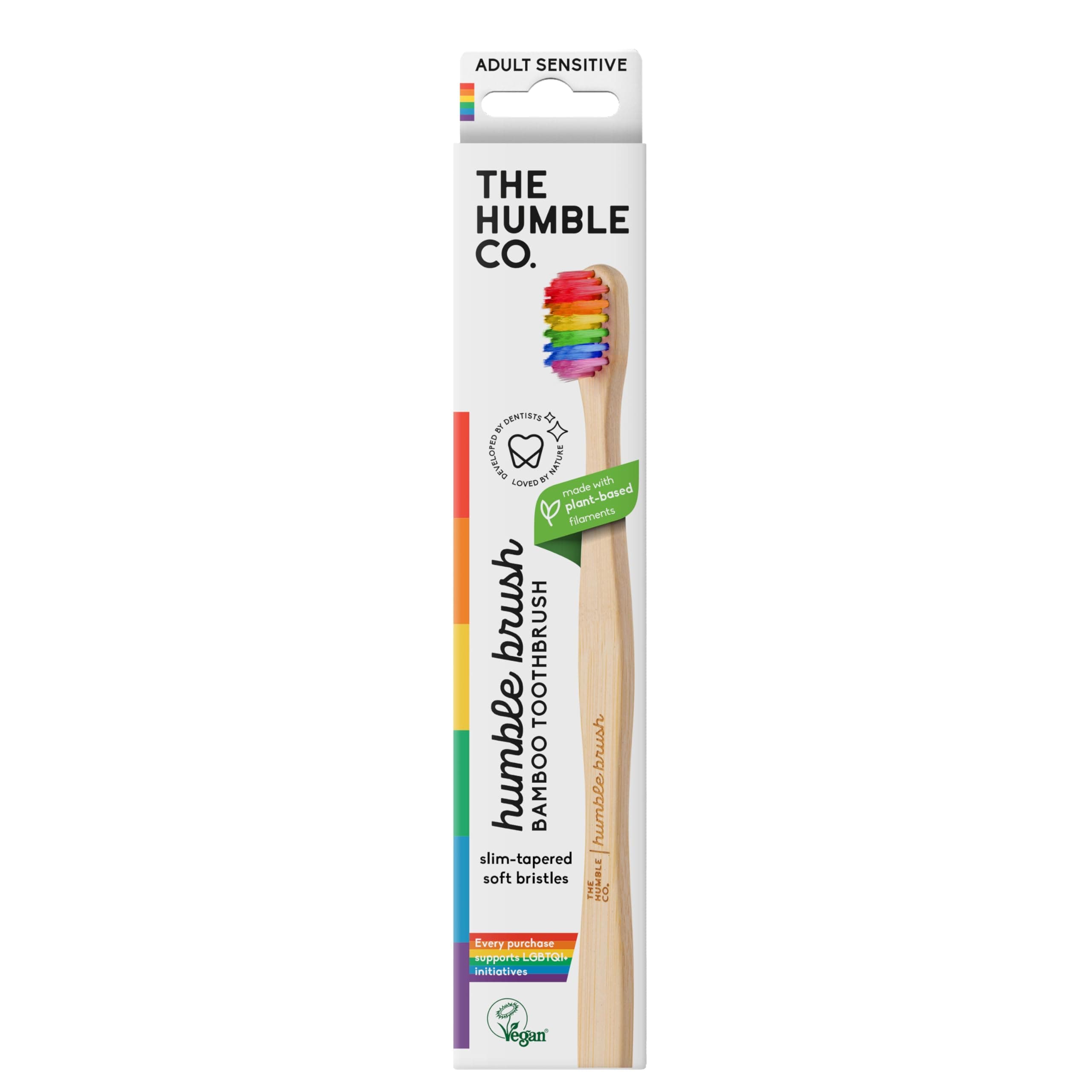 The Humble Co. Humble Brush Bambu Yetişkin Hassas (Sensitive) Diş Fırçası (Gökkuşağı) 0.10mm Ultra yumuşak fırça kılları, Hassas diş ve diş etleri için, Bambu sap, Vegan