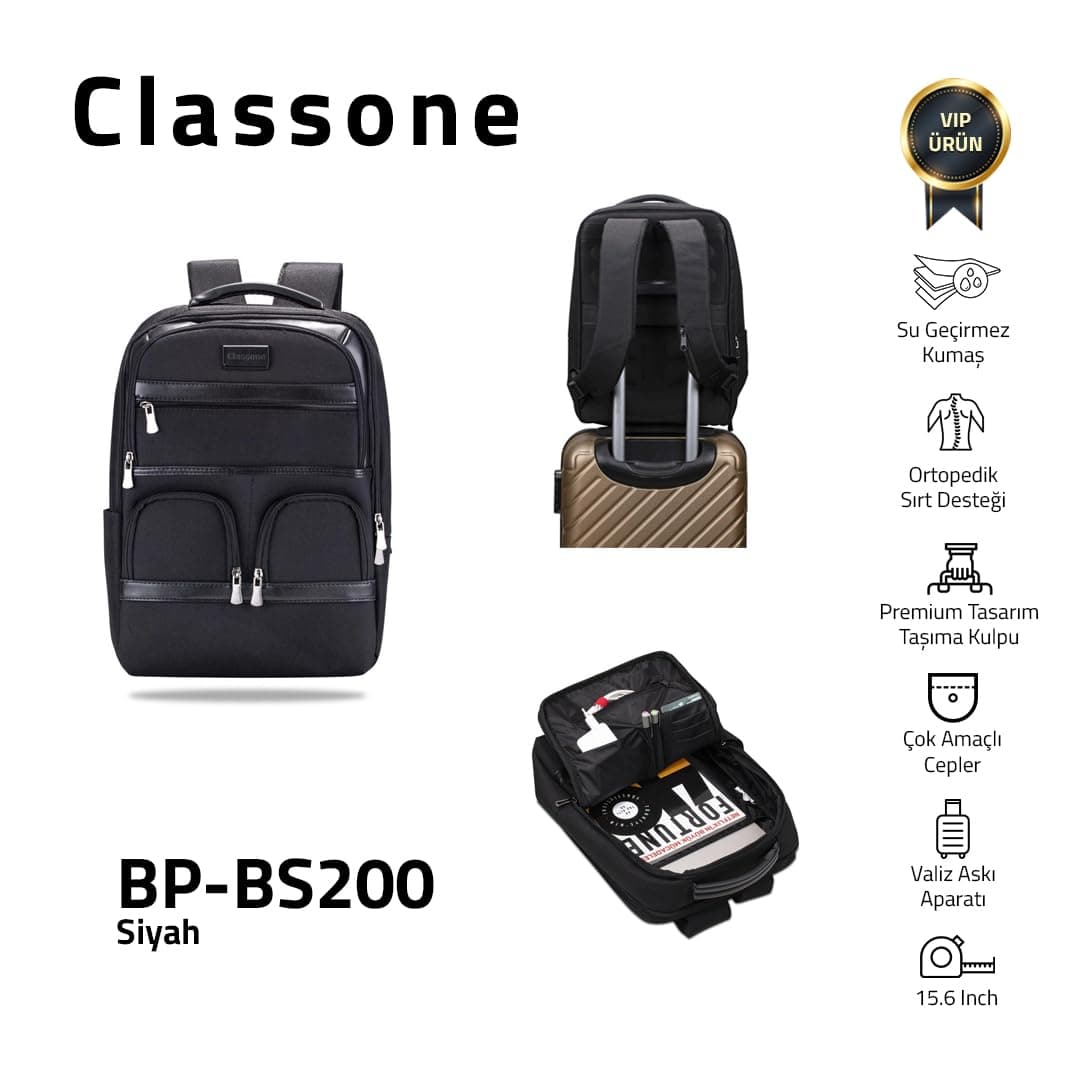 Classone BP-BS200 Business VIP B2 -Serisi 15.6 inch Uyumlu WTX Pro Su Geçirmez Kumaş Laptop Sırt Çantası -Siyah