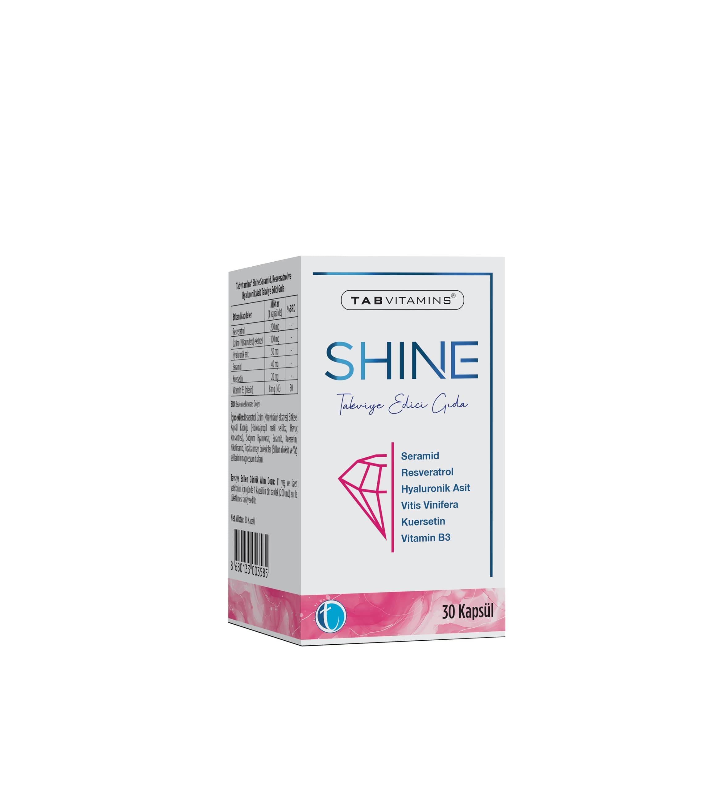 Tabvitamins Shine Seramid Resveratrol Hyaluronik Asit İçeren Takviye Edici Gıda – 30 Kapsül