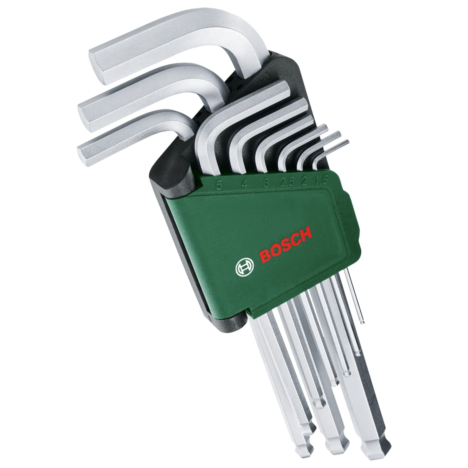 Bosch Alyan anahtar seti, 9 parça (çok yönlü görevler için küre başlı; yüksek kaliteli S2 çelik; 1,5 – 10 mm; uzun model; saklama klipsi)
