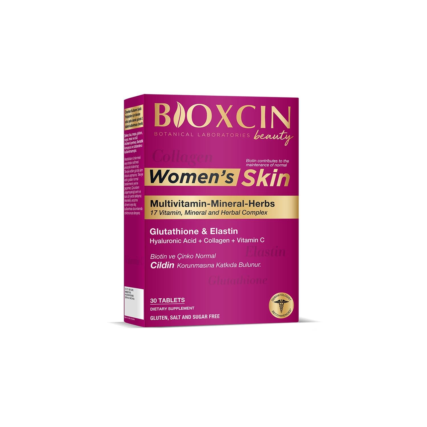 Bioxcin Women's Skin Tablet – Kolajen, Biotin, Glutatyon, Hyaluronik Asit ve Vitamin C İçeren Kadınlara Özel Cilt, Saç ve Tırnak Takviyesi – 30 Tablet