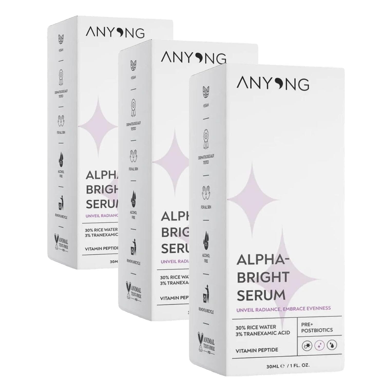 Anyong Alfa Arbutin Aydınlatıcı, Leke Karşıtı, Ton Eşitleyici Serum 30 ml (Pirinç Suyu & Traneksamik Asit) (3 paketi)