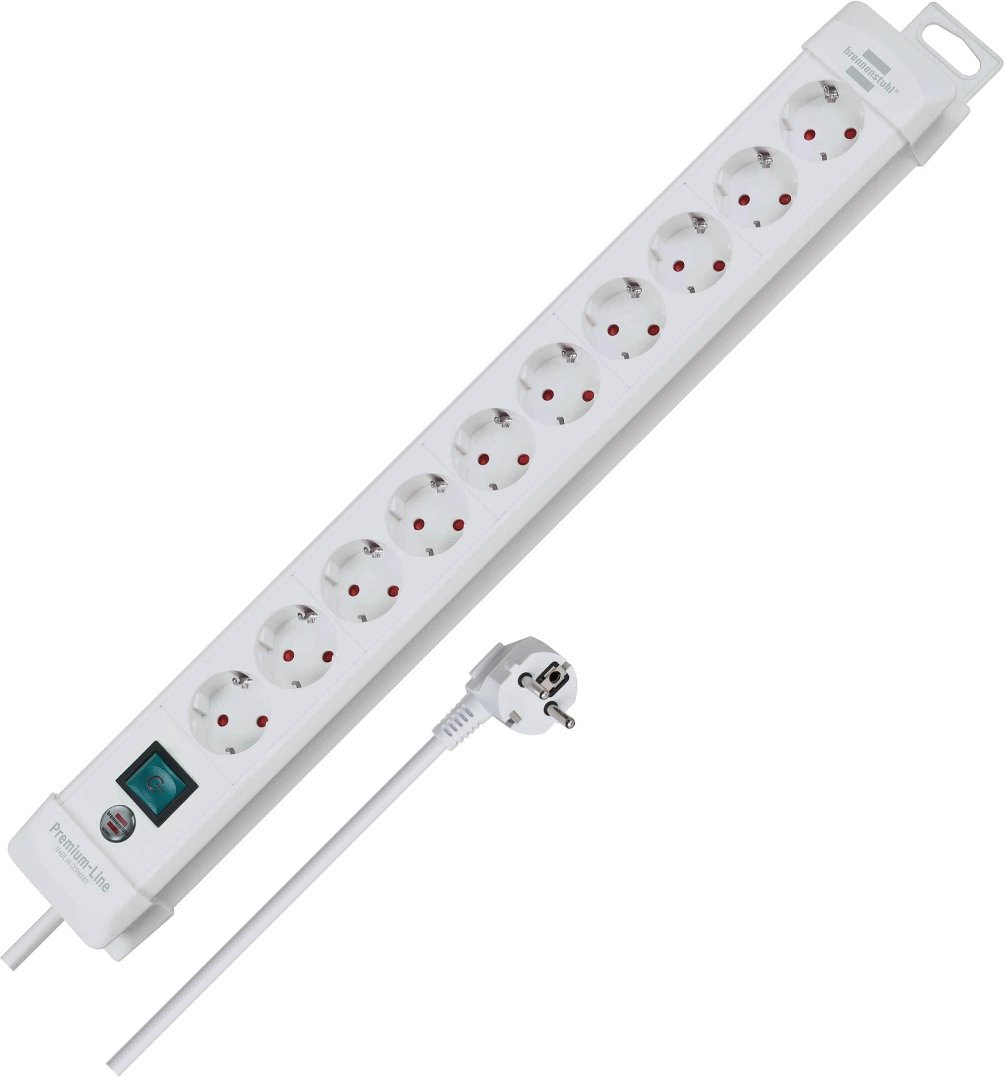 Brennenstuhl Premium-Line, 10'lu çoklu priz (anahtarlı ve 3 m kablolu priz - topraklı prizlerin 45° açısı, Alman Malı) beyaz