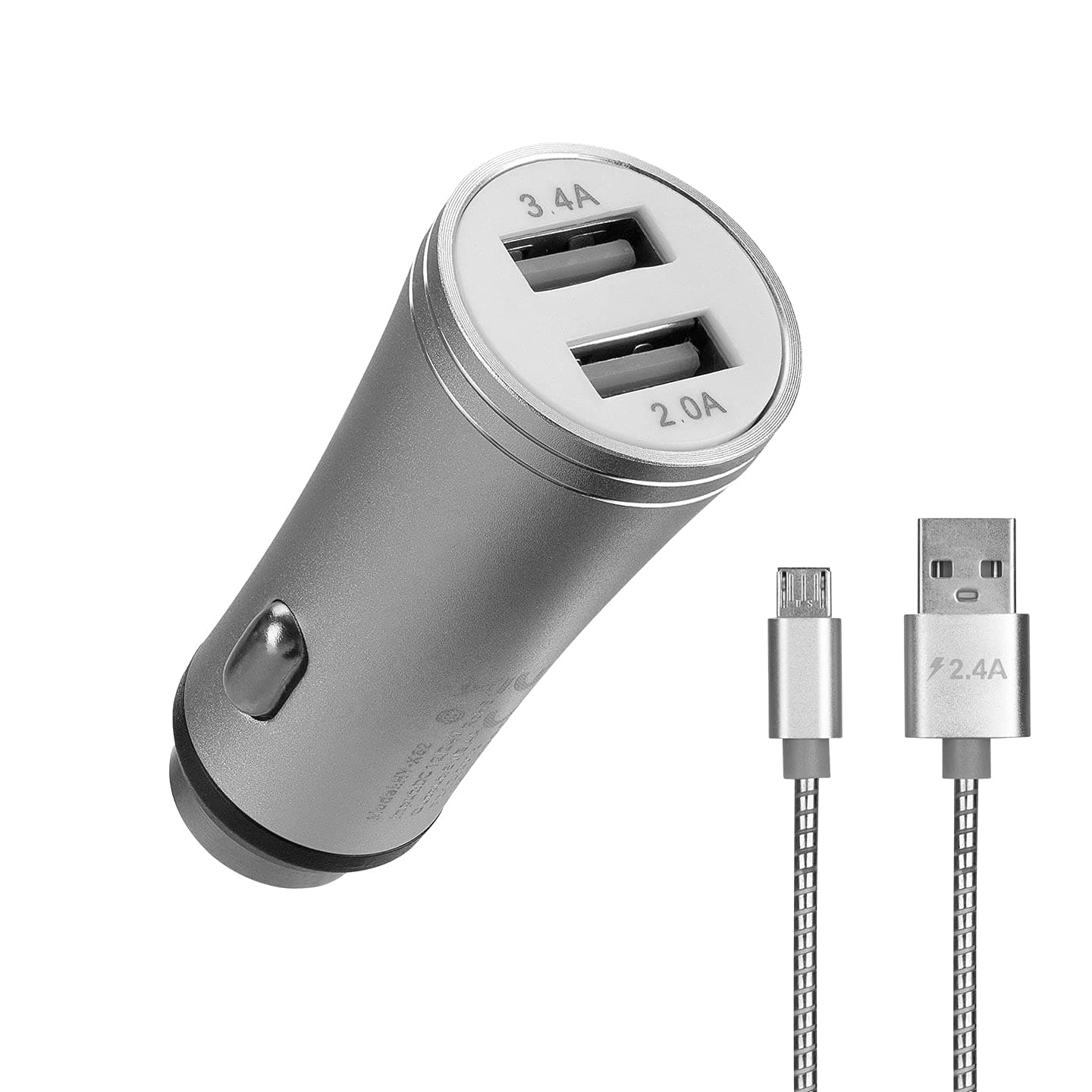 Hytech HY-X62 3.4A Hızlı Şarj Micro USB Kablolu 2 USB Metal Araç Şarj Cihazı, Gümüş