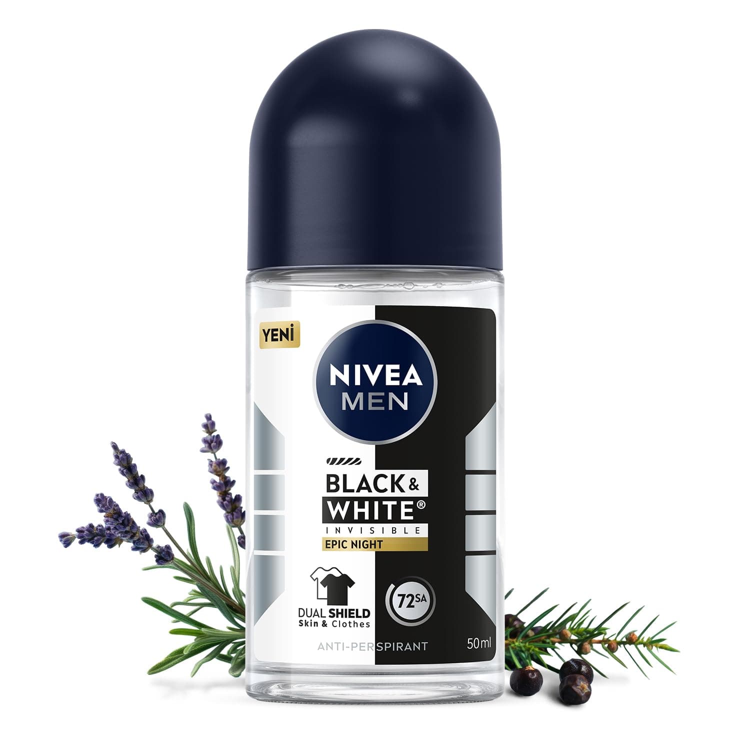 NIVEA MEN Erkek Roll-on Deodorant Black&White Invisible Epic Night 50 ml,72 Saat Terleme Karşıtı,Kumaş Koruması,Alkolsüz