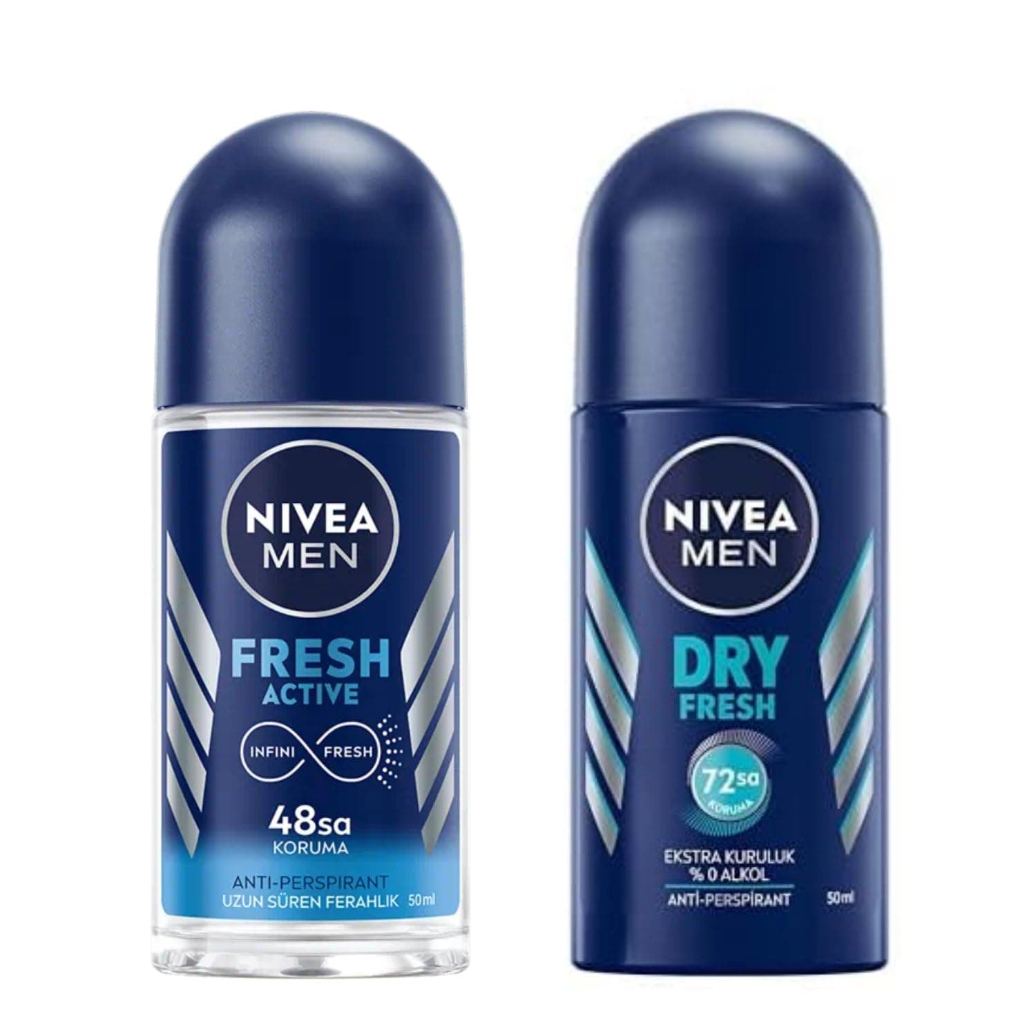 NIVEA Men Erkek Roll On Deodorant Dry Fresh 72 Saat Koruma, Ekstra Kuruluk, 50 ml + NIVEA Men Erkek Roll On Deodorant Fresh Active 50 ml, Ter ve Ter Kokusuna Karşı 48 Saat Deodorant Koruması X2