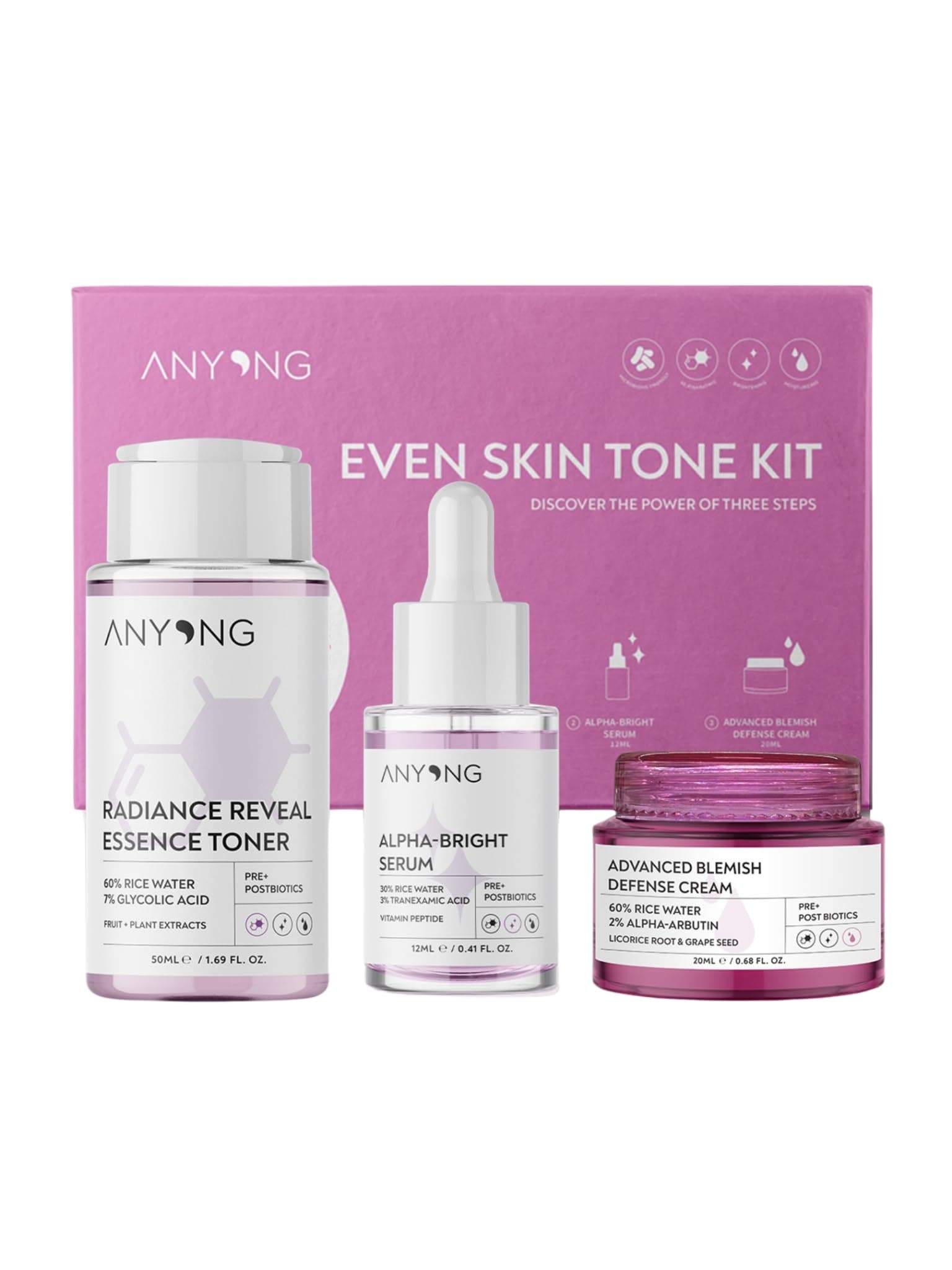 Anyong Leke Karşıtı Ve Aydınlatıcı Cilt Bakım Kiti (TONİK, SERUM, KREM) / Pirinç Suyu Ve Arbutin (50 ML + 12 ML + 20 ML)