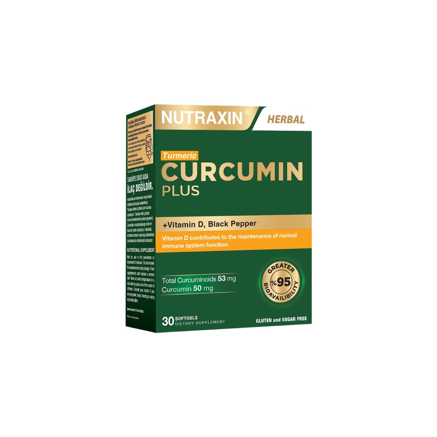 Nutraxin Curcumin Plus 30 Softgel - Vitamin D, Karabiber İçeren Takviye Edici Gıda