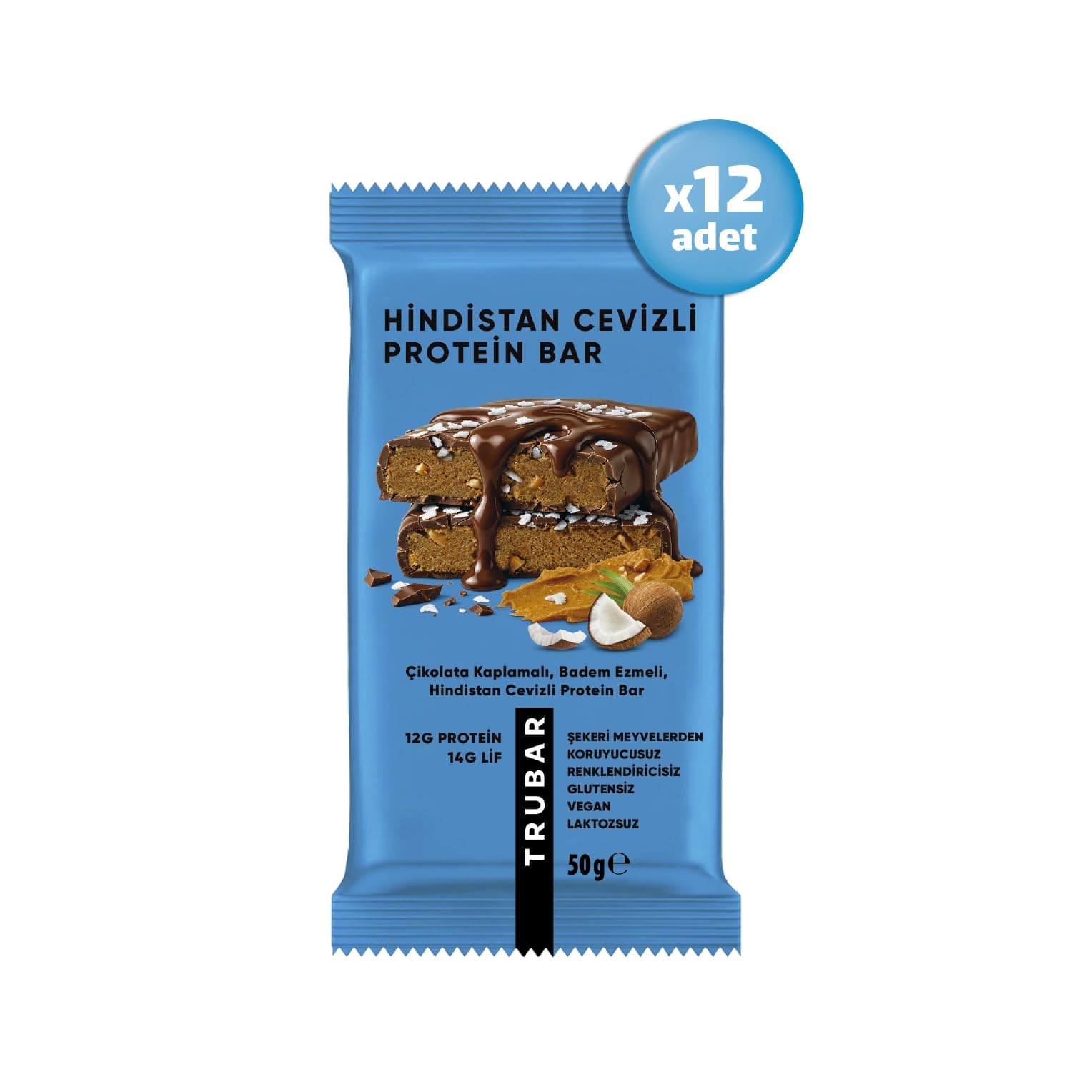 Trubar Çikolata Kaplamalı, Badem Ezmeli, Hindistan Cevizli Protein Bar 50 g x 12 Adet