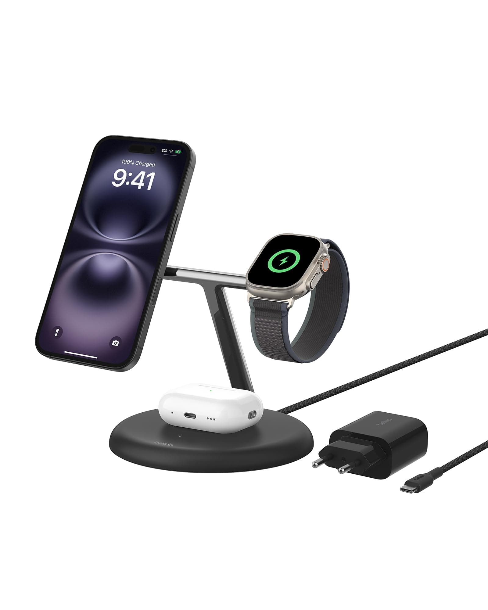 Belkin 3'ü 1 Arada Manyetik MagSafe Uyumlu Qi2 15W Kablosuz Şarj Standı, iPhone 16, 15, 14 ve 13 Serisi, AirPods, Apple Watch vb. için Hızlı Şarj Özellikli iPhone Şarj Cihazı (PSU dahil) - Siyah